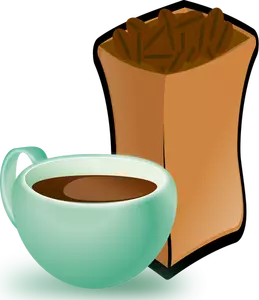 Vektorikuva vihreästä kahvikupista ja kahvipapusäkistä