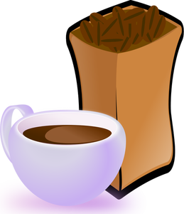 Vector image of purple cup of coffee with sack of coffee beans