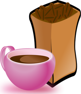 Vector de la imagen de rosa taza de café con saco de granos de café
