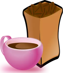 Vektorikuva vaaleanpunaisesta kahvikupista ja säkistä kahvipapuja