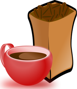 Vektorbild röd kopp kaffe med säck kaffebönor