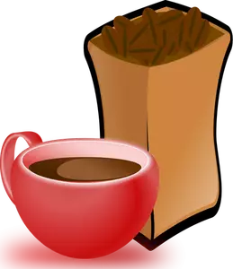 Vector image of red cup of coffee with sack of coffee beans