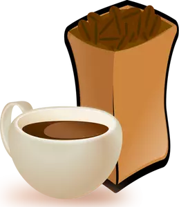 Gambar vektor krem secangkir kopi dengan karung biji kopi