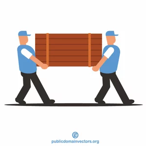 Two people moving wooden box
