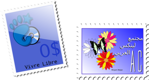 Vektorigrafiikka tontun ja perhosen postimerkeistä
