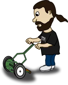 Vector graphics of bearded guy pushing a reel mower