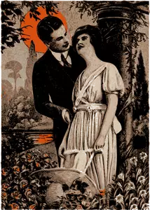Immagine vettoriale dell'uomo e della donna sotto il sole arancione