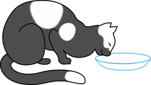 Spotty cat drinking milk from pot vector illustration