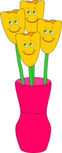 Vector illustration of four smiling flowers in a vase