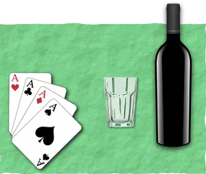 Vektor ilustrasi empat kartu remi, gelas dan botol anggur