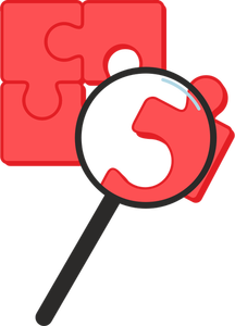 Vector drawing of red puzzle enlarged with magnifying glass