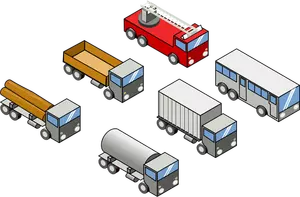 Imagem vetorial de quatro caminhões, um ônibus e um caminhão de bombeiro