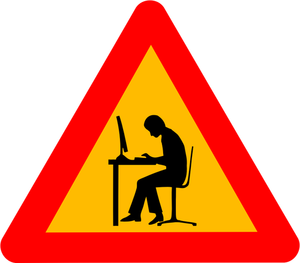 Grafika wektorowa człowieka w komputerze ostrzeżenie znak drogowy