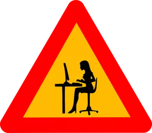 Vector graphics of woman at computer warning road sign