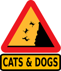 Vektorikuva putoavia kissoja ja koiria varoitus liikennemerkki