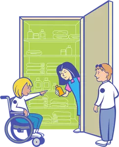 Disabled kid in front of food cupboard vector drawing