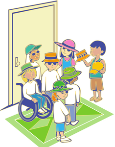 Group of kids with hats in front of door vector illustration