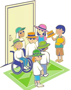 Gruppe barn med hatter foran døren vector illustrasjon