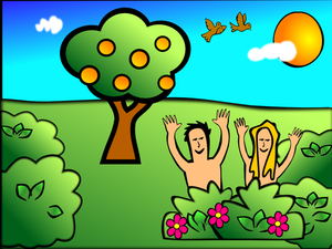Adam & Eva en el jardín paisaje vector illustration