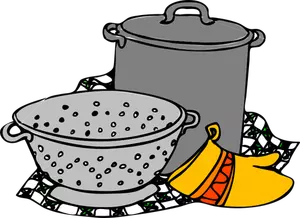 Ilustração em vetor de pote, siv e luva de cozinha