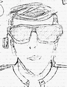 Lápis de desenho de um cara tentando em óculos de sol