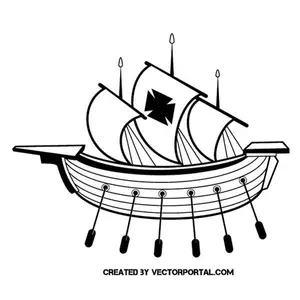 Histórico barco con velas y remos
