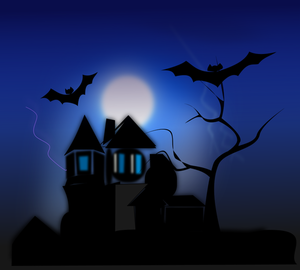 Clipart vectoriels de spooky maison avec des chauves-souris volent autour