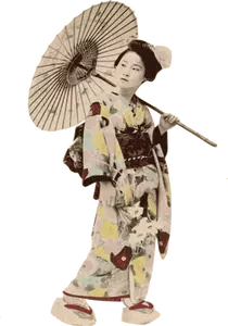 Nainen kimonossa aurinkovarjon vektorikuvan alla