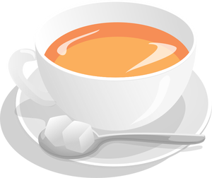 Ilustración vectorial de una taza de té servido en plato con azúcar y cuchara