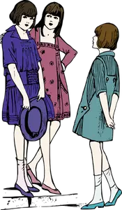 Vektor bilde av tre unge damer chatting på fortau