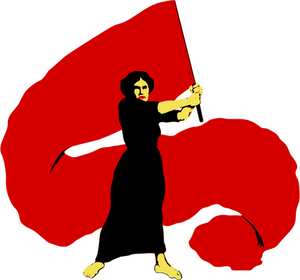 Vektor ilustrasi proletar wanita melambaikan bendera merah