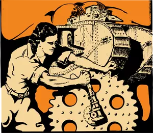 Vector clip art of woman turning a gear