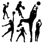 Vektor silhuett av netball spelare i olika poser