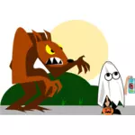 Wolf behind ghost trick or treater vector image