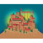 Vector clip art of mountain village in color