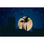 Halloween witch flying at moonlight vector drawing