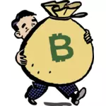 Mies bitcoin-laukun kanssa