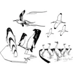 Vektortegning scene av mange fugler i svart-hvitt