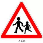 Grafika wektorowa pieszych przekraczających znak ostrzegawczy ruchu drogowego