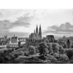 Illustration of of medieval town panorama in gray color