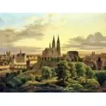 Drawing of medieval town panorama in color