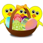 Kartun anak ayam dengan telur Paskah dalam keranjang vektor gambar