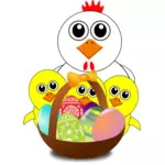Chicken and chicks behind Easter eggs basket vector illustration
