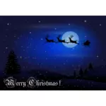 Joulupukki matkustaa yöllä joulutervehdyskortti vektori piirustus