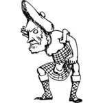 Homem de cócoras em caricatura de saia escocesa de desenho