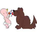 Tegneserie bilde av en baby og en hund.