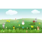 Velikonoční krajina s králíčky, kuřata, vejce, kuřecí, květiny