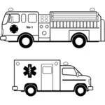 救护车和消防卡车的线条艺术矢量图像