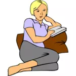 Wektor rysunek kobiety, czytając książkę na poduszkę