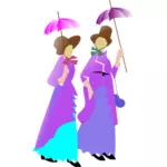 Illustration of two ladies walking in purple dresses